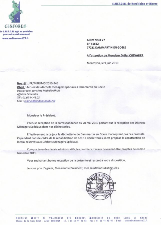 réponse du Président du SMITOM à notre courrier
